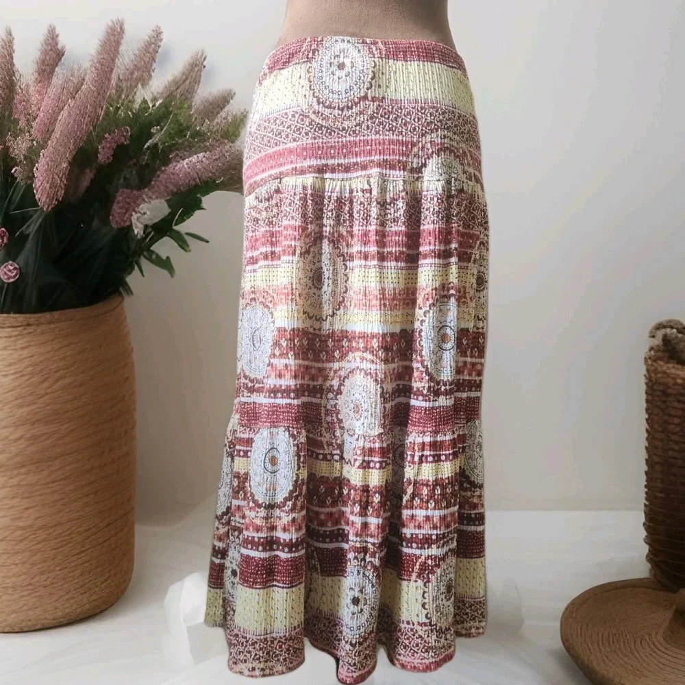 Y2K‎ Zoey Beth Boho Midi Skirt M Crinkle Elastic Waist Geometric Print USA Made - Picture 3 of 7